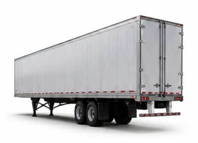A,White,53-foot,Dry,Van,Semi-trailer,,Rear,Three-quarter,View,,Photorealistic