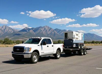 A,White,Heavy-duty,Pickup,Truck,Towing,A,Flatbed,Trailer,Loaded