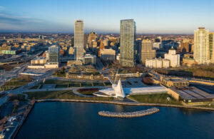 Aerial,Panorama,View,Of,Downtown,Milwaukee,At,Sunrise.,Tall,Downtown