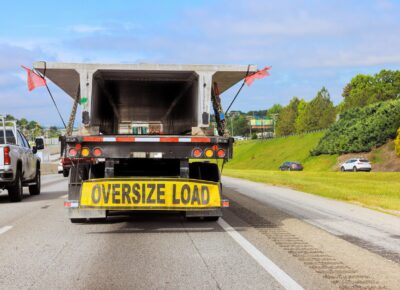 Large,Truck,Equipped,With,An,Oversize,Load,Sign,Drives,Along